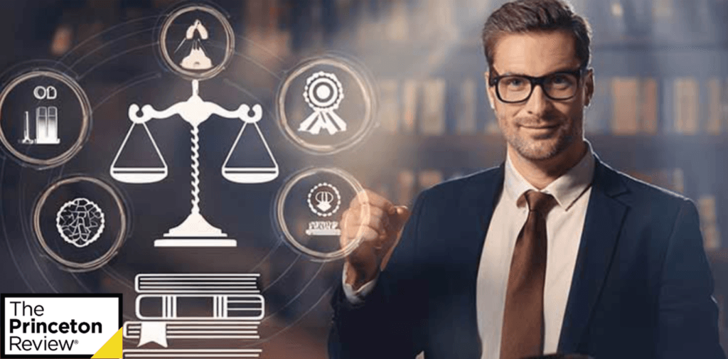 Career Opportunities After Studying Law in the USA – A professional man with a diagram showcasing various career paths for law graduates, including solicitor, legal advisor, compliance officer, corporate lawyer, academic roles, and barrister.