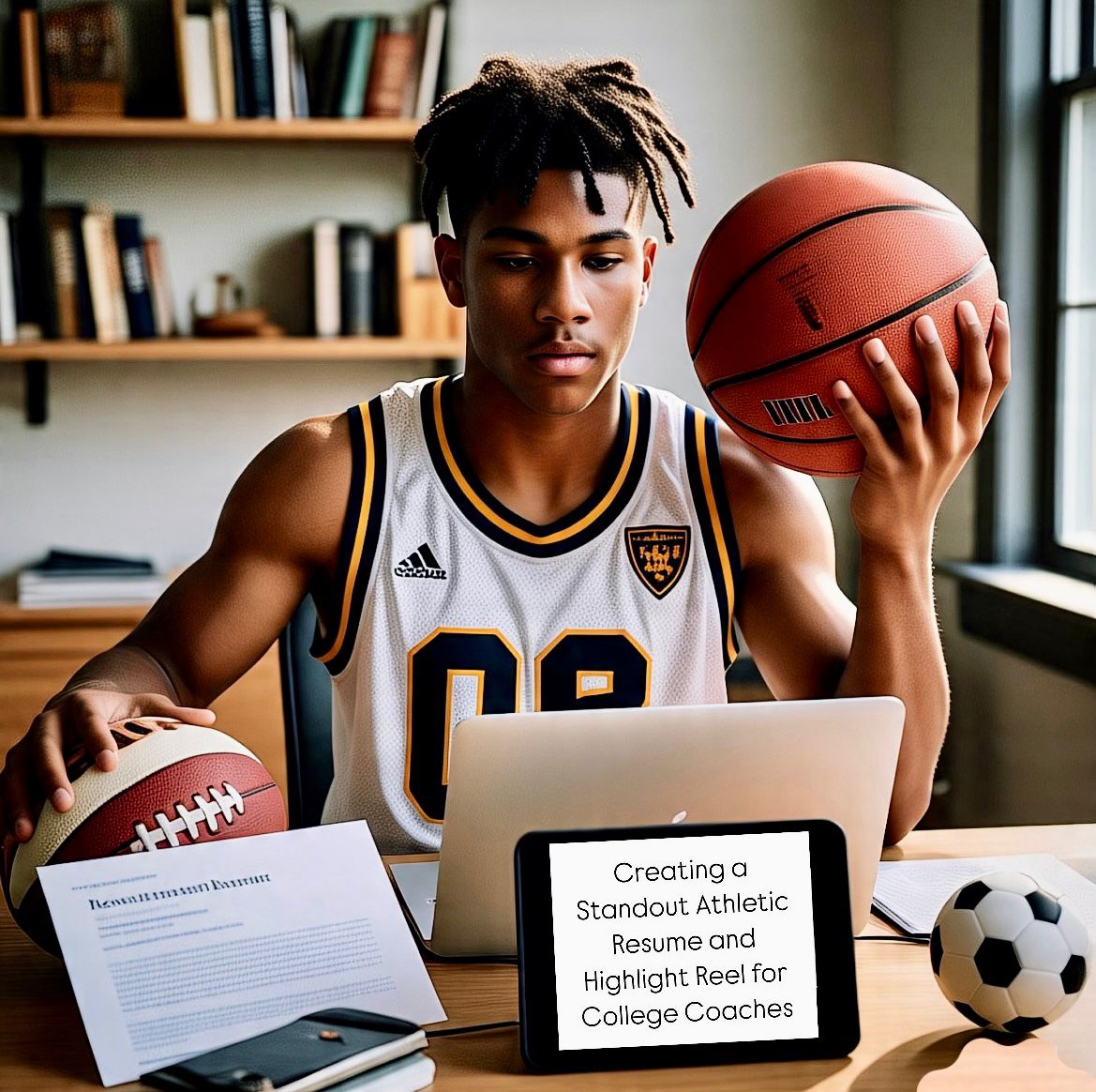 Student-athlete creating an athletic resume and highlight reel on a laptop for college recruitment