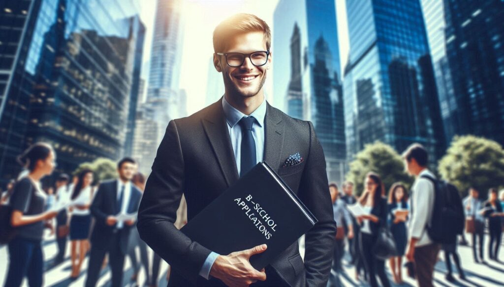 Confident student preparing B-School applications for top business school admission.