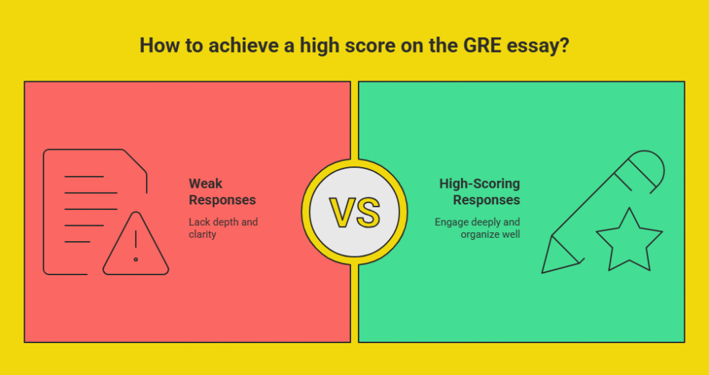 Comparison of weak vs high-scoring GRE essays, highlighting depth, clarity, and strong organization.