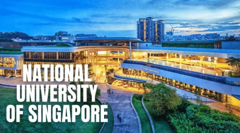 A collage of top universities in Singapore with city skyline in background
