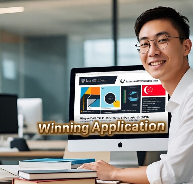 Student preparing a winning application with documents and laptop, set against the backdrop of a top Singapore university campus in 2025