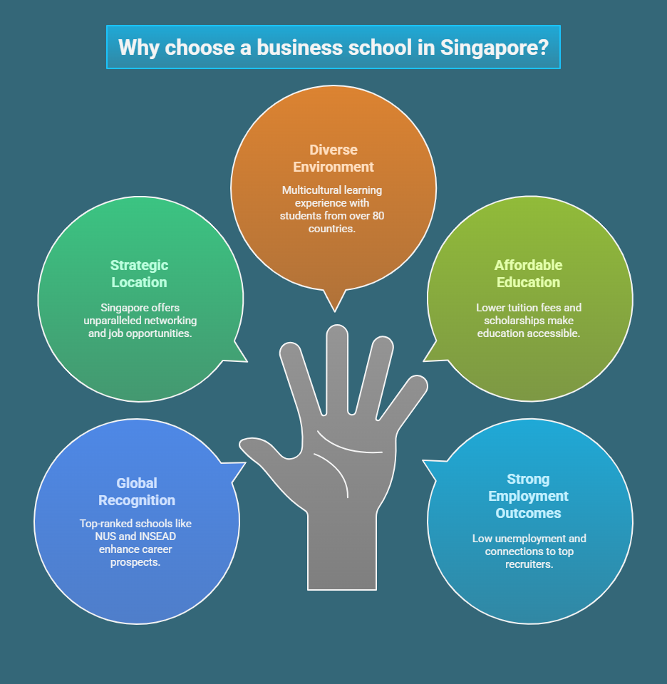 Illustrated diagram listing global recognition, strategic location, and career outcomes as key benefits of attending a Singapore B-school.