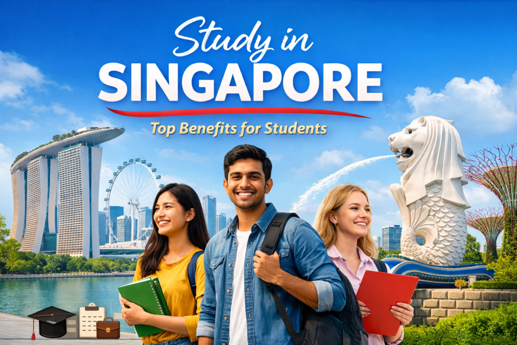 Students studying in Singapore with iconic city landmarks