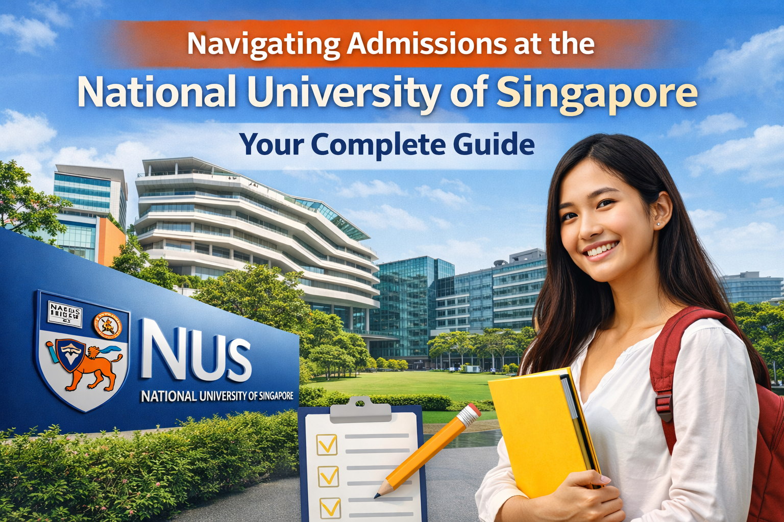 NUS admissions guide with student and campus
